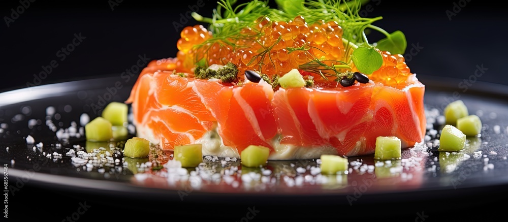 Poster unconventional salmon tartare with kiwi and orange dressing satisfyingly delightful copy space image