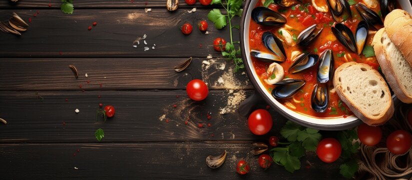 View of pot with Corsican fish stew mussels and garlic baguette copy space image