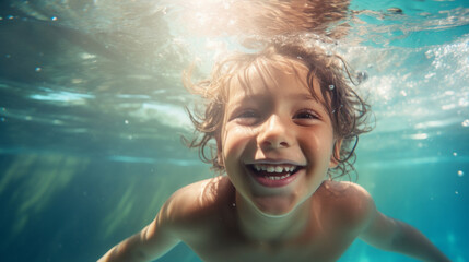 Happy kid having fun by swimming underwater