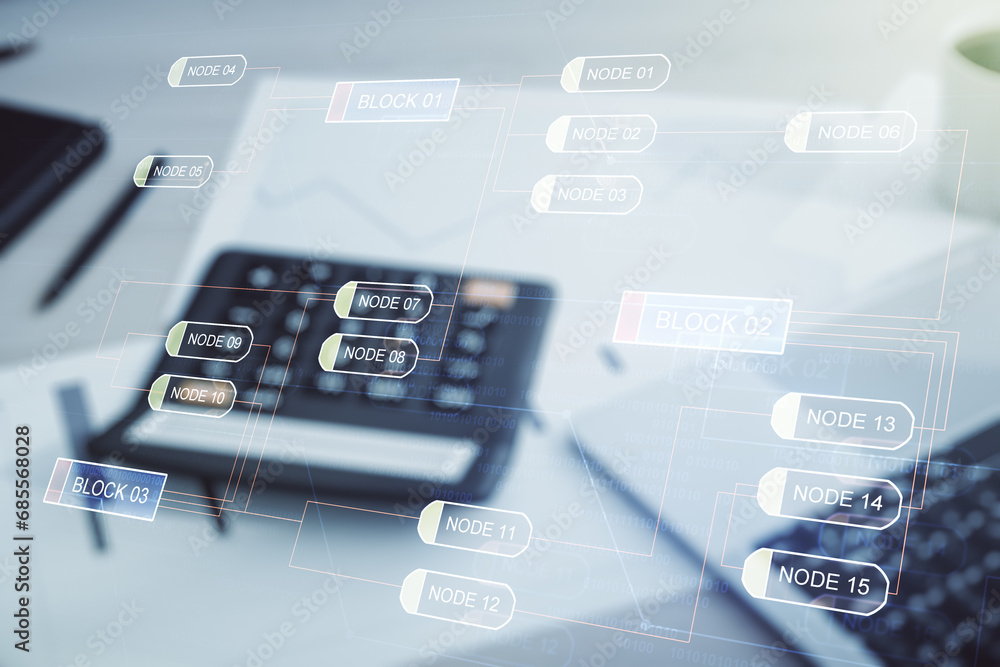 Poster abstract virtual coding concept on calculator and laptop background. multiexposure