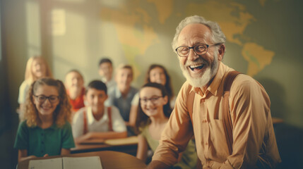 Happy old teacher with young students