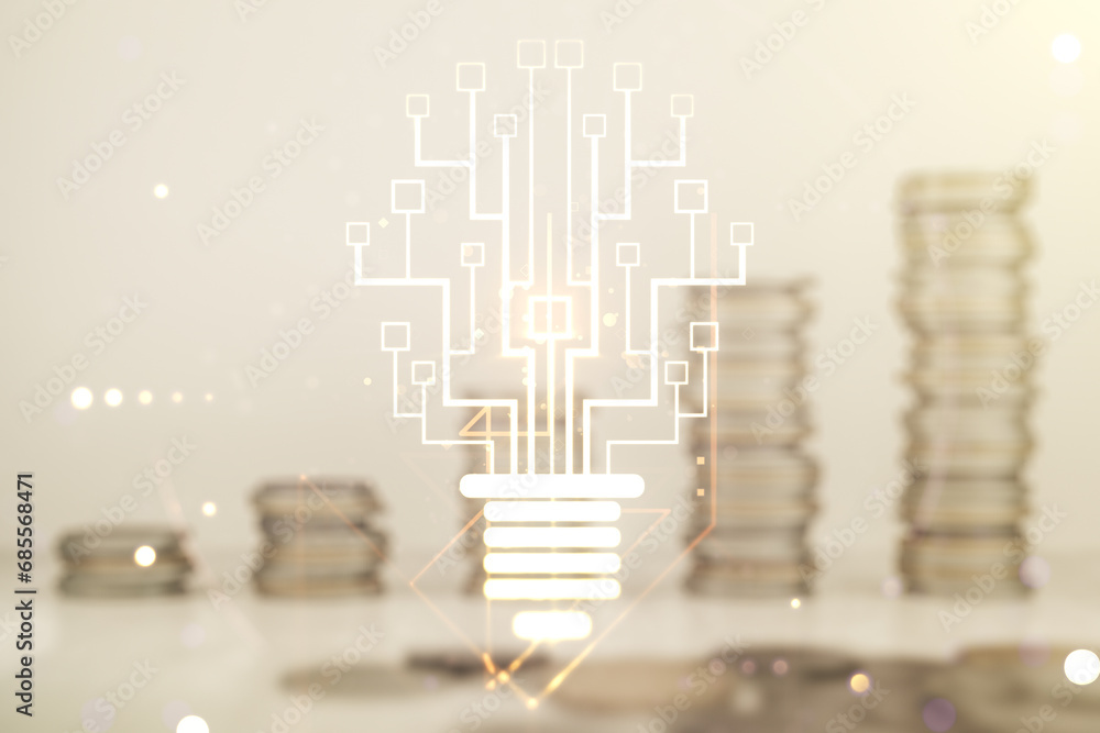 Poster double exposure of virtual creative light bulb hologram with chip on growing stacks of coins backgro