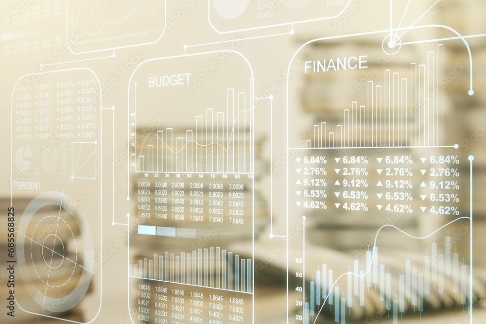 Poster multi exposure of abstract virtual graphic data spreadsheet sketch on coins background, analytics an