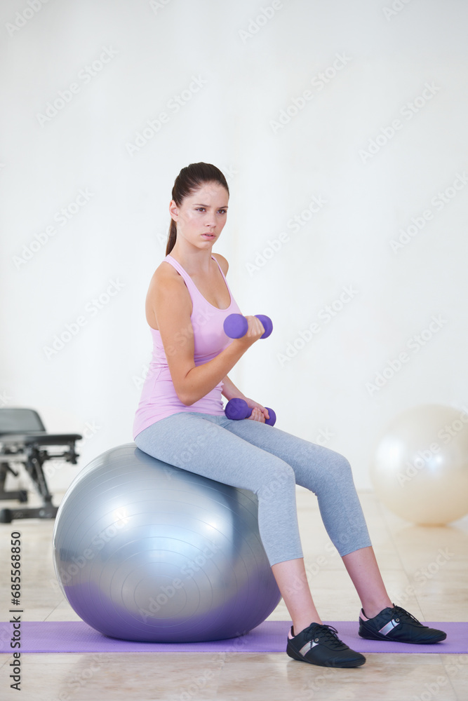 Sticker Woman, fitness and exercise ball with dumbbells, balance or gym for training, strong muscle or arms. Girl, workout and vision with biceps, weightlifting and hard work for health, wellness and body