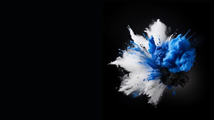 Blue, black, and white color powder explosion, creating a dynamic background for a poster or display. Inspired by the colors of the Estonian flag, the powders burst against a dramatic black backdrop.