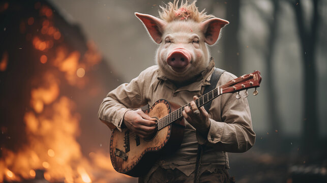 Funny pig plays the guitar. Generative AI