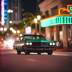 Fototapeta na wymiar Antique car cruising downtown