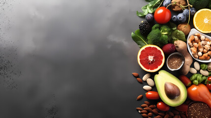 A Selection of Healthy Foods on a Gray Concrete Background，PPT background - obrazy, fototapety, plakaty