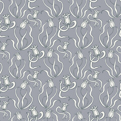 Floral seamless pattern with hand drawn contours of abstract flowers. Retro elegance repeat vector print. Vintage design for fabric, wallpaper or wrapping. 