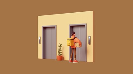 Rear view young cute funny сasual delivery guy in clothes red hoodie, brown jeans with thermal yellow backpack, holds cardboard box with one hand under arm stands waiting elevator indoors. 3d render.