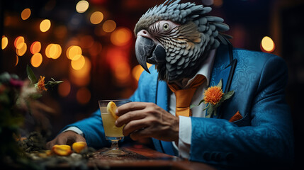 Cute parrot in business costume drinking cocktail in bar. Generative AI