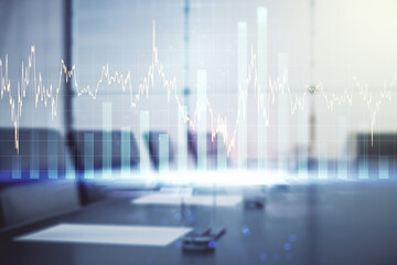 Double exposure of abstract creative financial chart hologram on a modern meeting room background, research and strategy concept