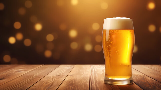 Fresh cold beer on wooden floor on gold background