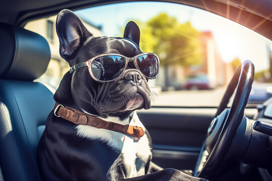 A cool dog is driving a car and wearing sunglasses