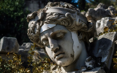 Fototapeta na wymiar Fragmented head of an ancient Greek female statue, Generative AI