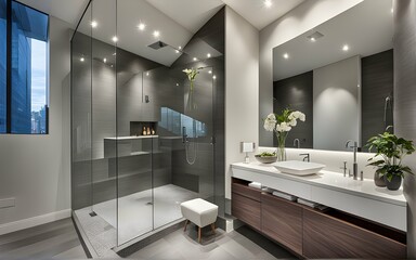 A monochromatic bathroom with a floating vanity and frameless glass shower.