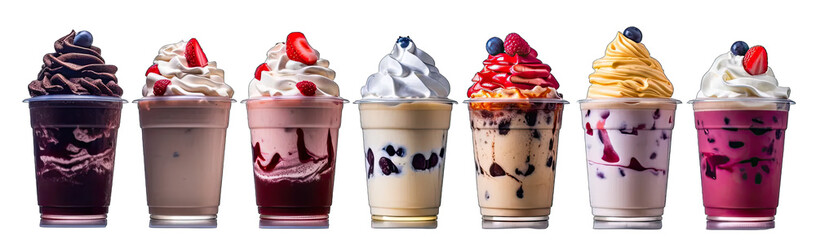 Collection of various milkshakes isolated on transparent background. - obrazy, fototapety, plakaty