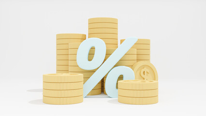 Percent icon and coin on pastel background, Bank credit concept. Percent, good interest rate, interest-free. Finance management. 3d rendering