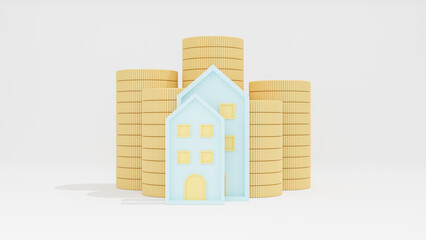House model and coin on pastel background, finance and banking about house concept, investment ideas about real estate companies, financial success and growth concept. 3d rendering