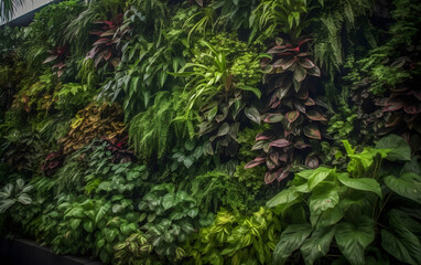 A living wall of lush tropical rainforest foliage plants, Generative AI