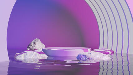 Abstract Background. White stone podium for premium products display, white marble pedestal on water wave, nature advertising cosmetic, Purple And Blue lighting background. 3d rendering