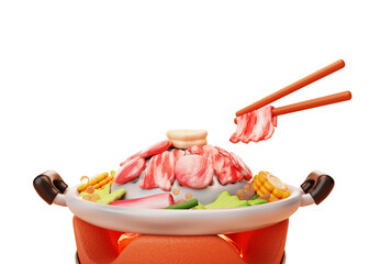 Chopsticks holding pork Mookata tasty bbq grill asian food cuisine cartoon 3d illustration