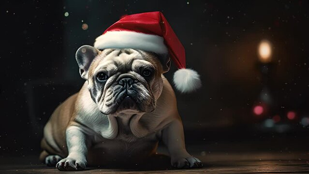Adorable little dog sitting with Santa hat. Created with Generative AI.	
