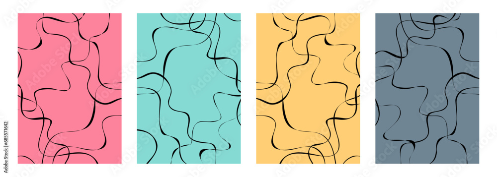 Poster Set of color backgrounds with black wavy lines pattern. Abstract backgrounds with hand drawn random curved lines. Vector illustration.