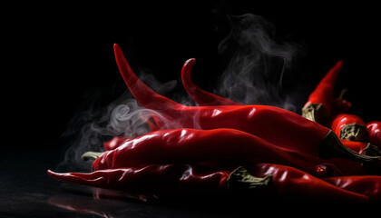 Beam of red chillies with white smoke on table with black background