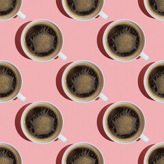 Seamless pattern with cup of coffee on pink background. Top view.