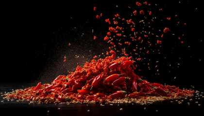 Explosion of red hot chillies on black background