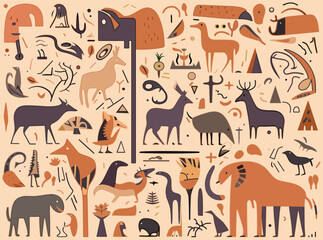 Mythical animals, symbols and figures in the style of cave paintings