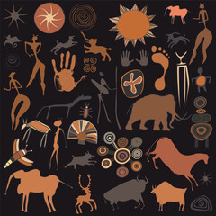Cave paintings - figures, animals and symbols in the style of cave paintings