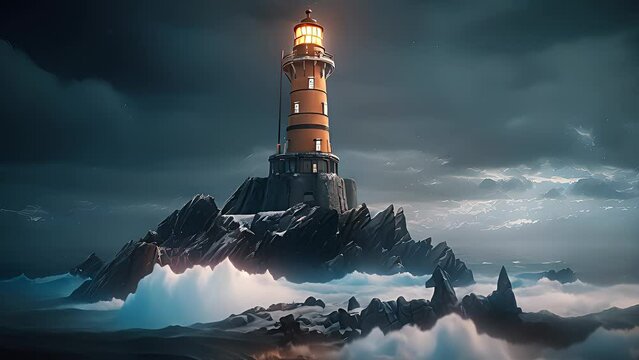 Light from a lighthouse on a stormy sea. Created with Generative AI.
