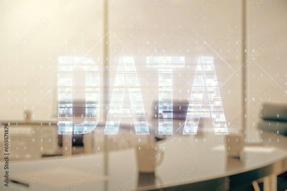 Poster data word hologram on a modern boardroom background, big data and blockchain concept. multiexposure