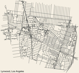 Fototapeta na wymiar Detailed hand-drawn navigational urban street roads map of the CITY OF LYNWOOD of the American LOS ANGELES CITY COUNCIL, UNITED STATES with vivid road lines and name tag on solid background