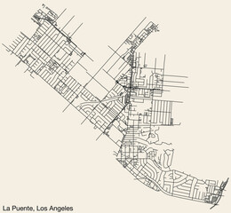Fototapeta na wymiar Detailed hand-drawn navigational urban street roads map of the CITY OF LA PUENTE of the American LOS ANGELES CITY COUNCIL, UNITED STATES with vivid road lines and name tag on solid background