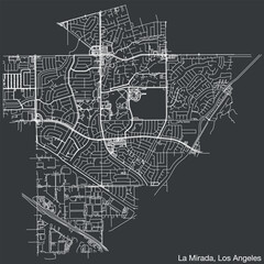 Naklejka premium Detailed hand-drawn navigational urban street roads map of the CITY OF LA MIRADA of the American LOS ANGELES CITY COUNCIL, UNITED STATES with vivid road lines and name tag on solid background