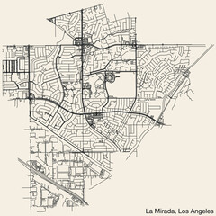 Fototapeta na wymiar Detailed hand-drawn navigational urban street roads map of the CITY OF LA MIRADA of the American LOS ANGELES CITY COUNCIL, UNITED STATES with vivid road lines and name tag on solid background