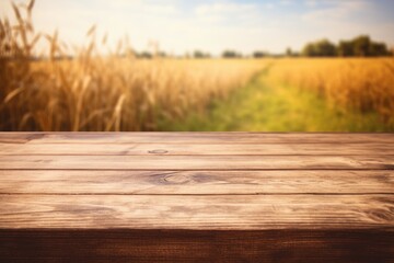 Fototapeta premium empty wooden table top for product display montages with blurred sunny wheat field view background