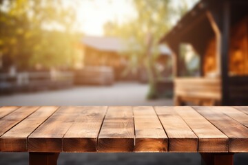 empty wooden table top for product display montages with blurred farm barns and buildings background