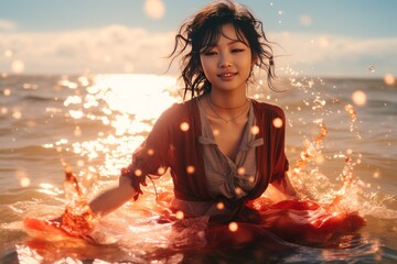 Serene Waters: Asian Woman with Glowing Chakra.