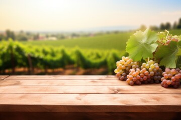 wooden table top with grapes for product display montages with blurred rows of grape bushes...