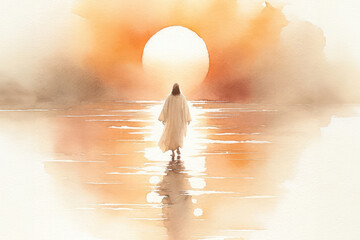 Watercolor illustration of Jesus walking
on water - obrazy, fototapety, plakaty