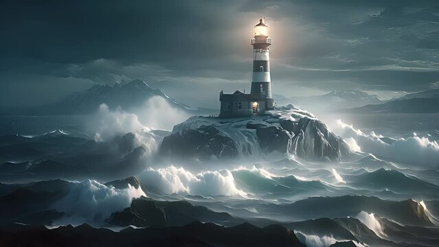 Light from a lighthouse on a stormy sea. Created with Generative AI.