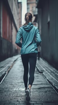 Woman runner, view from the back, jogging at sunrise or sunset, running through city streets, capturing the essence of an active and serene urban workout.