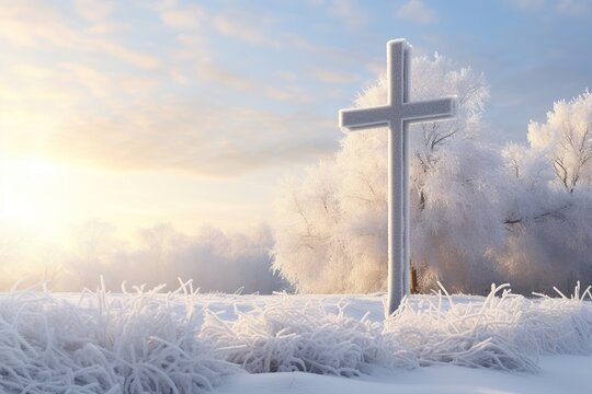 Cross in the winter forest. Christian cross in the snowy forest.