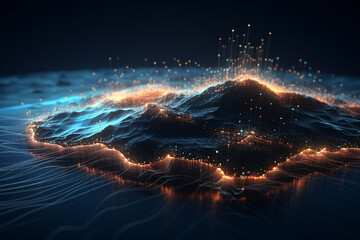 Futuristic Big Data Visualization Wave Connecting Neural Network on Earth