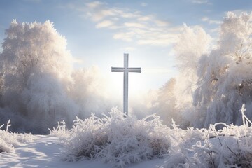 Cross in the winter forest. Christian cross in the snowy forest. - obrazy, fototapety, plakaty