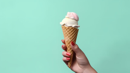 Woman holding waffle cone with delicious ice cream on mint blue background, closeup. Copy space